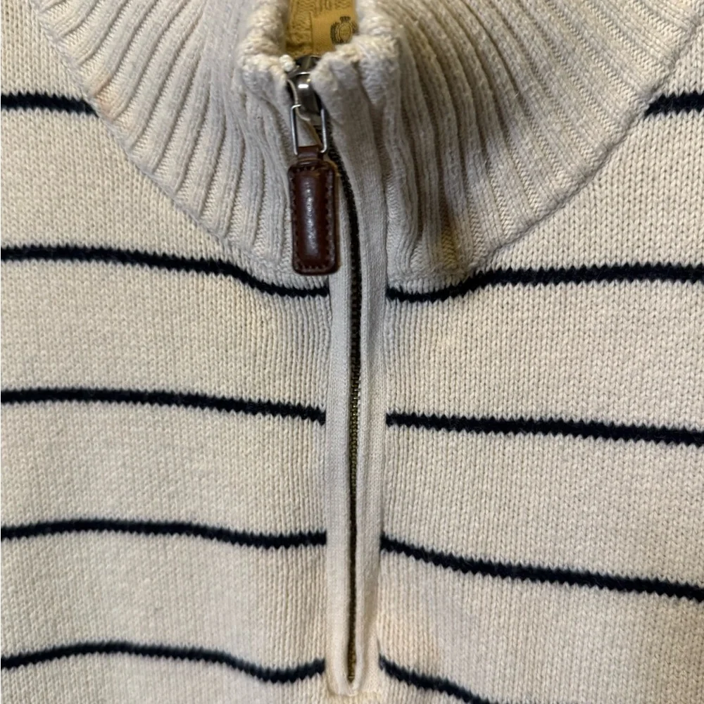 J. Crew Men's Cream and Black Striped Heritage Zip-Up Sweater size Large